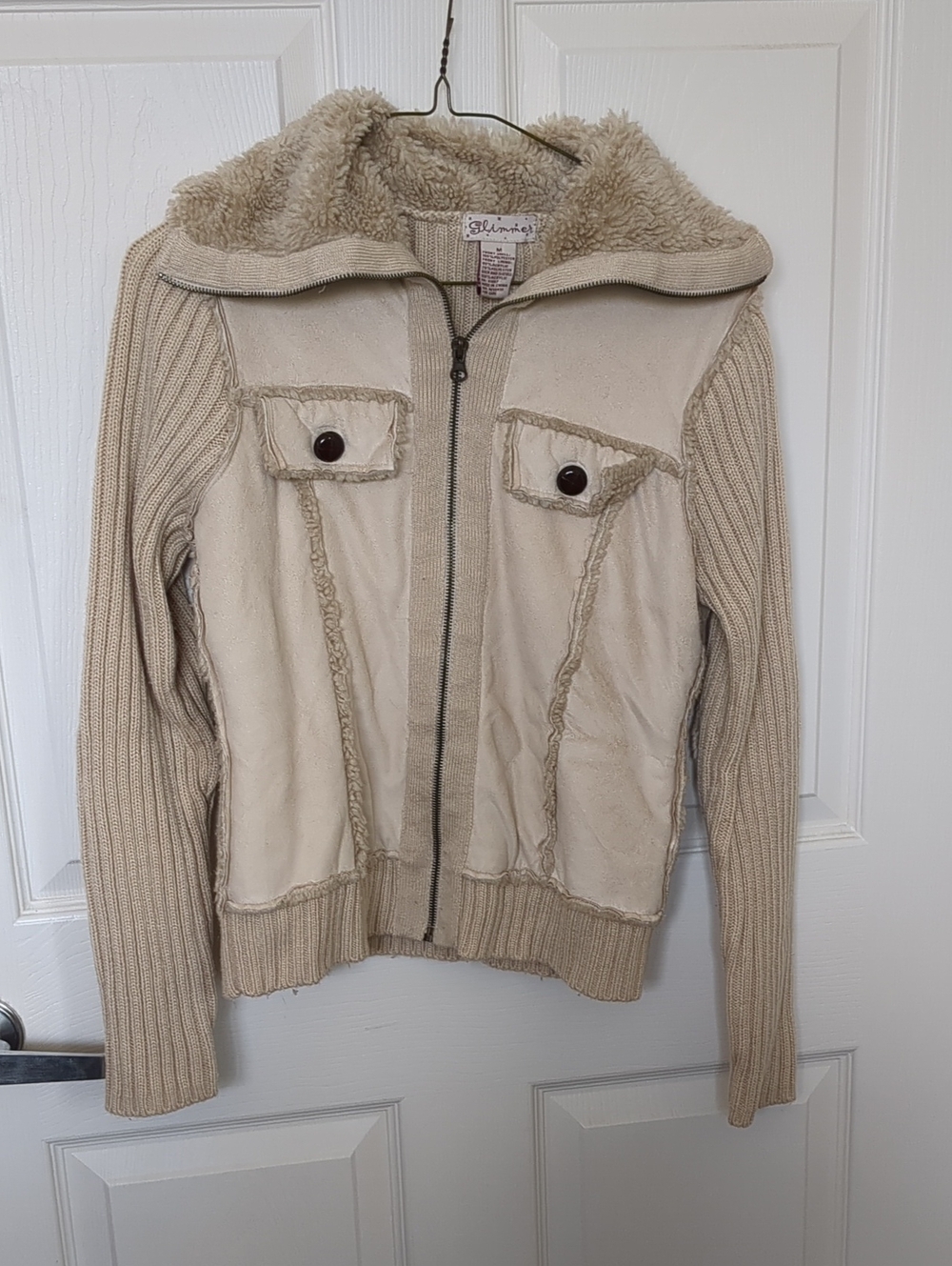 Glimmer Cream & Beige Sherpa Zip Front Jacket